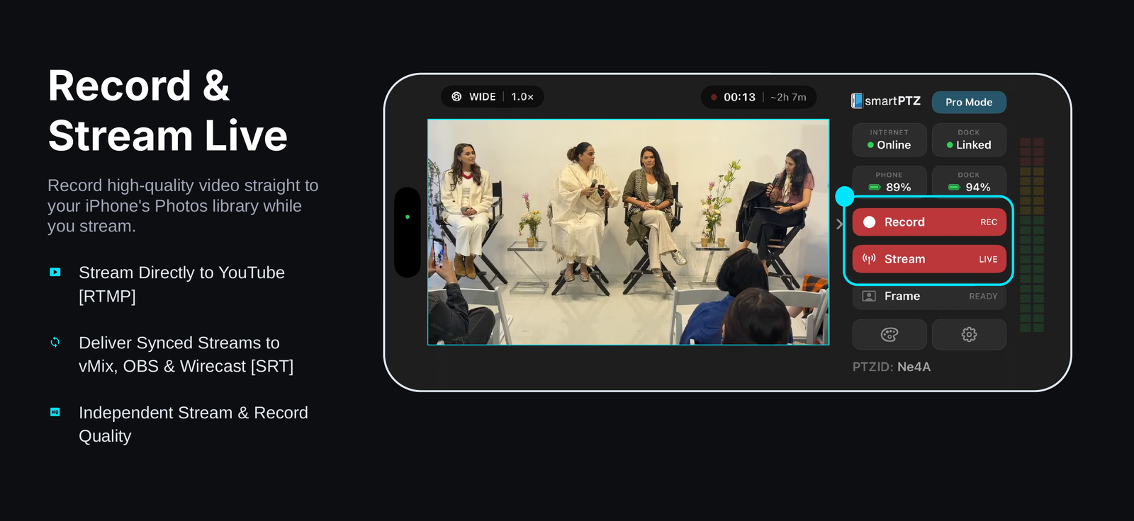 The smartPTZ camera view recording and streaming live from an iPhone, with Record and Stream both active